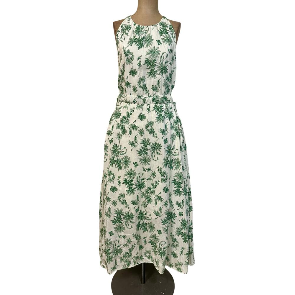 Sandro Maxi Dress Annecy Linen Green Floral Print Sleeveless Cut Out Sides sz 6 - Picture 4 of 10